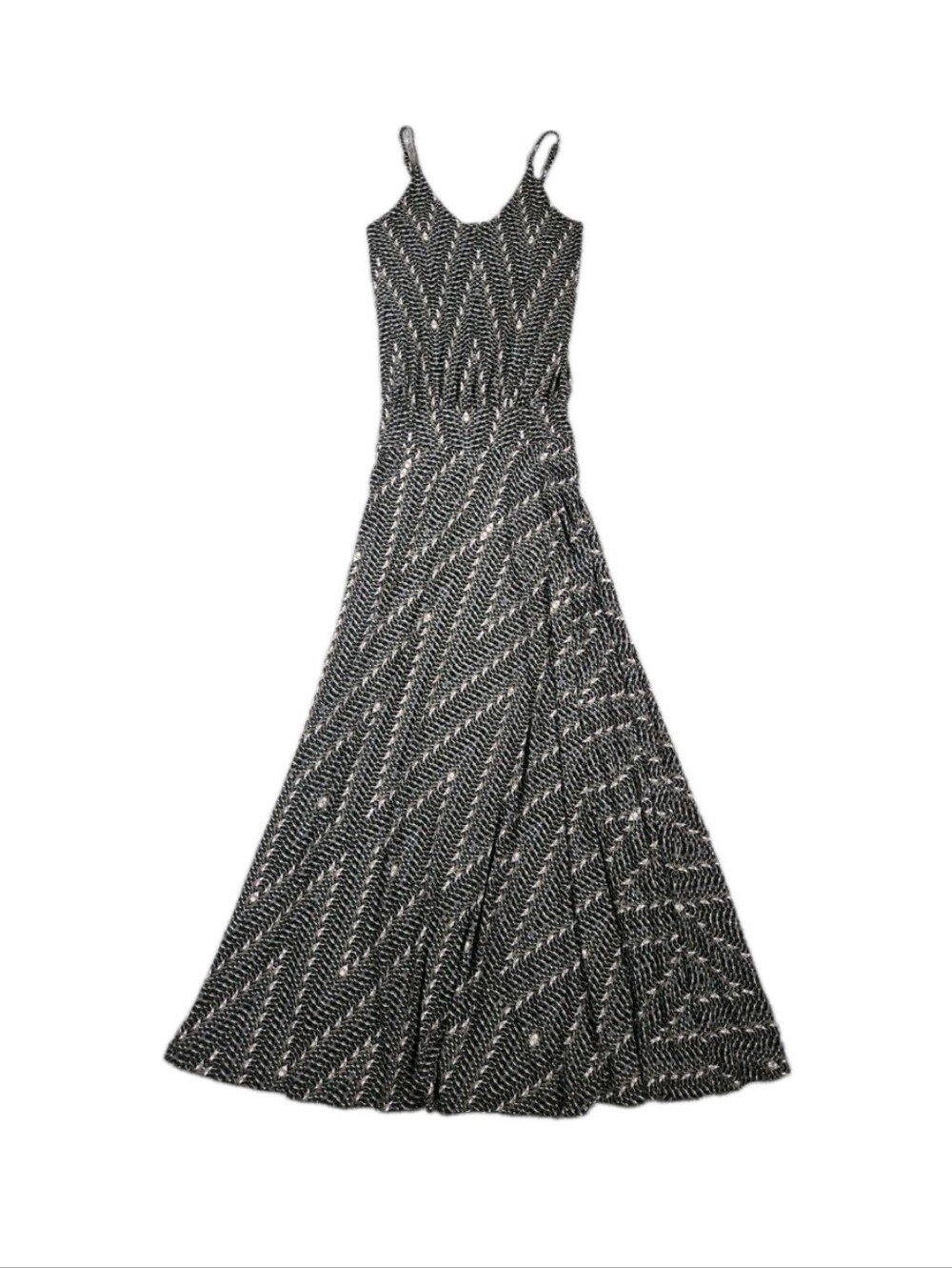 Veronica M Maxi Dress Sz S Sleeveless Stretchy Casual Black Tan Geometric Print